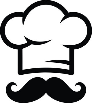 Minimalist Black and white iconic graphic featuring a chef's hat and a handlebar mustache. 