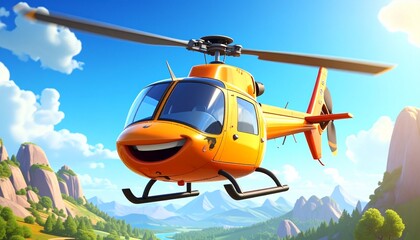 Cartoon yellow helicopter with smiling face and big eyes flying in blue sky with clouds.