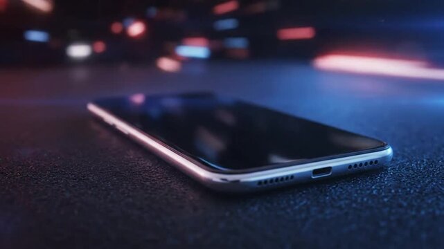Low angle close-up shot of a smartphone lying flat on a dark textured surface with bright neon lights.