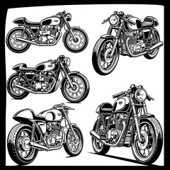 Naklejka premium Collection of classic vintage motorcycles in detailed black and white illustration style.