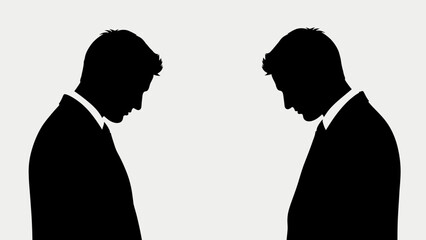Psychological Silhouette Two businessmen in profile bowing heads in a moment of contemplation or defeat, symbolizing a business crisis or emotional distress