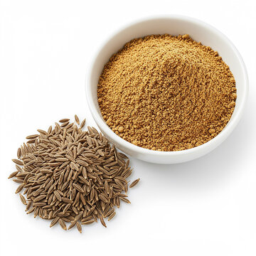 Organic cumin seeds zeera and jeera powder in bowls isolated on white background
