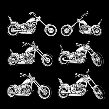 Collection of classic chopper motorcycles in various styles.