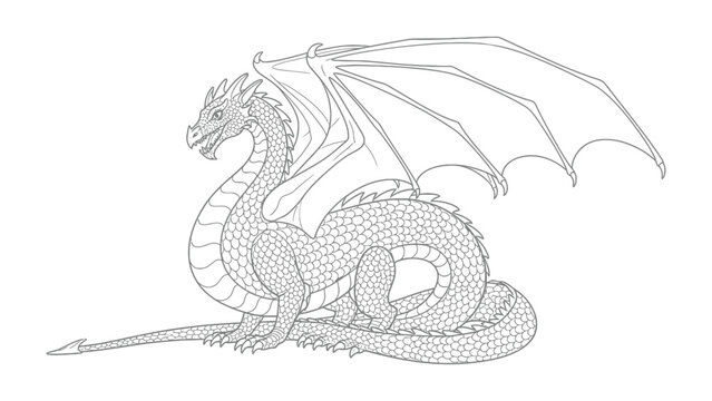 Majestic Dragon Sketch: A detailed line drawing of a fearsome dragon, capturing the creature's power, scale, and mythical presence.