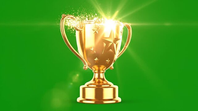 Shining Golden Trophy with Sparkling Particles on Green Screen