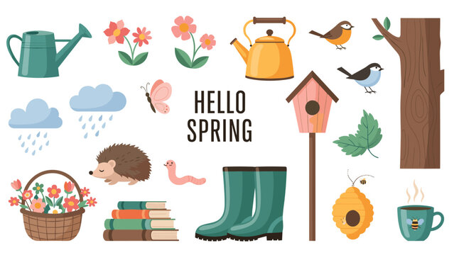 Hello spring themed collection of colorful icons including flowers, gardening tools, animals, and seasonal items on a clean white background.