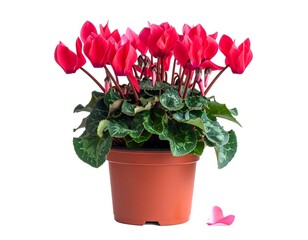 A vibrant cyclamen in a terracotta pot, isolated against a bright white background, with a single fallen petal nearby