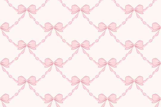 Seamless pink bow ribbon pattern on soft pastel background, cute feminine decorative repeat design for wrapping paper, fabric, wallpaper and stationery.