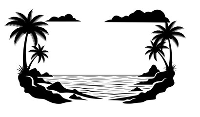 Decorative tropical landscape silhouette frame vector with palm trees and rocky beach © Protima