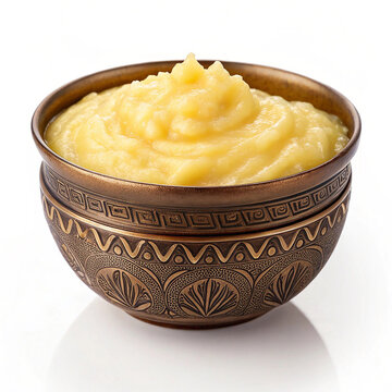 Desi ghee or clarified liquid butter, cooking oil, pure ghee isolated on white background.