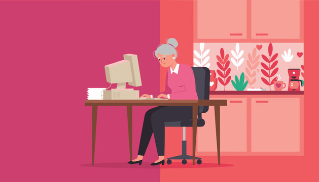 Elderly woman looking stressed while working on an outdated desktop computer at home Remote work technology challenge