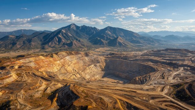 Aerial view of a large open-pit mine carved into a landscape, with towering mountains and a blue sky dotted with clouds
