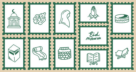 Set of ramadan hand drawn cute doodle elements in decorative frames. Mosque, crescent moon, lantern, star, prayer mat, dates, ketupat, arabic ornaments. Islamic holiday vector icons and stickers