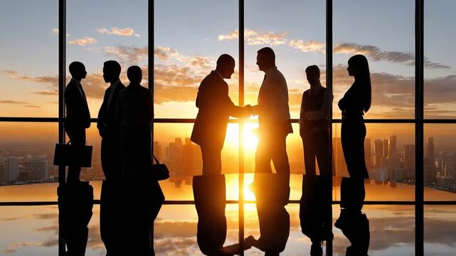 Business Deal: A silhouette of professionals engaging in a handshake, sealed with a business deal. The scene is illuminated by the golden rays of a sunrise through the window.