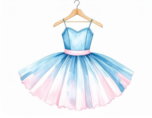 Watercolor painting captures elegant dress on hanger artwork illustrates textile garment in fluid watercolor style
