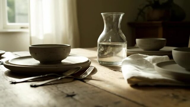 Rustic place setting on a wood table with plates and silverware