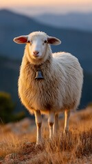 A Majestic Sheep Standing Proudly on a Hillside at Sunset.