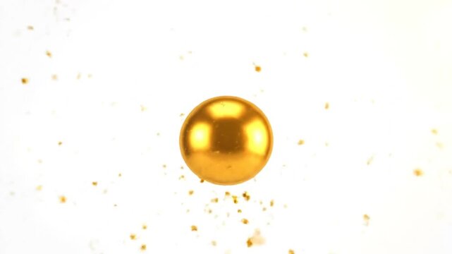 Golden animation of a torus transforming into a splash, then a sphere shape, on white background