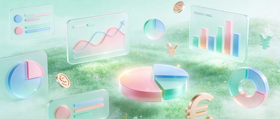 Pastel illustration of financial charts and currency symbols floating above grassy field. Ideal for economics, data, or business-themed visuals