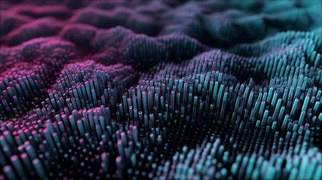 A 3D rendered abstract image, features a field of small, cylindrical columns in shades of pink, teal and dark blue, giving a textured effect