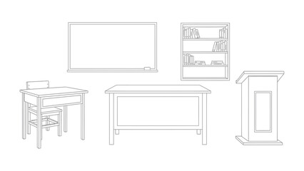 Educational Framework: An illustrative representation of quintessential classroom elements, including a desk with chair, a whiteboard, bookshelf, teacher's table and podium. © hafs121