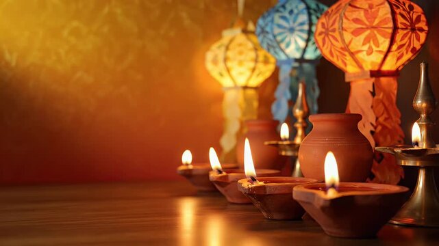 POYA DAY FESTIVAL GLOWING OIL LAMPS AND PAPER LANTERNS ON AMBER SAFFRON GRADIENT