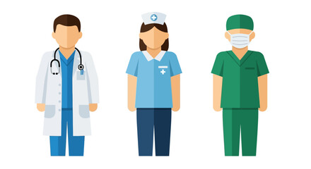 Fototapeta premium Medical professionals in uniform standing together, viewed from the front, in a simple graphic illustration