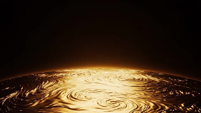 Golden liquid surface swirling pattern creates mesmerizing cycle glowing market light sunrise