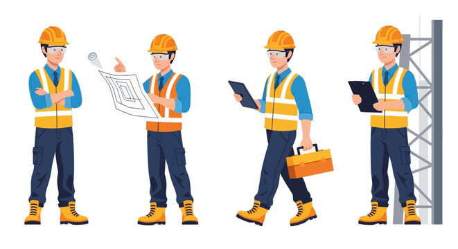 Construction worker in hard hat and safety vest examining blueprint and using tablet on site