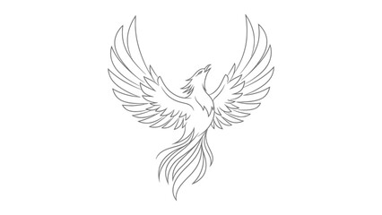 Obraz premium Phoenix in Flight: An elegant monochrome line art illustration of a phoenix soaring majestically with wings spread, symbolizing rebirth and renewal, conveying a message of hope.