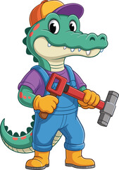 Obraz premium Cartoon alligator construction worker — smiling green character in overalls, red wrench, safety gear, kids illustration, playful profession theme