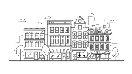Naklejka premium Detailed line art illustration of a row of traditional European town houses with shops on the ground floor and clouds in the sky above.