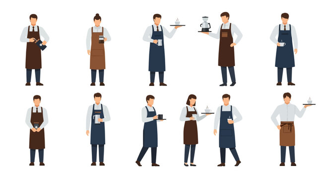 Diverse coffee shop staff illustrations showcasing various apron styles and serving actions in a clean white environment from multiple viewpoints