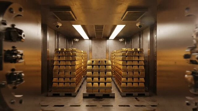 Vault door opening revealing gold bars stacked inside a secure bank or safe room for financial security