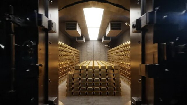 Epic reveal of a bank vault door opening to reveal rows of gold bullion bars