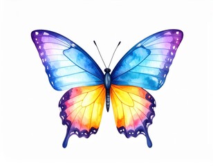 Fototapeta premium Colorful butterfly rests on plain white background vivid insect shown in simple isolated studio setting