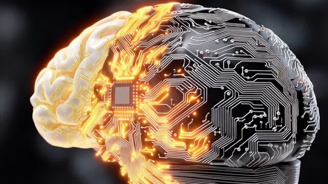 Digital Intellect: A mesmerizing depiction of the human brain seamlessly merging with cutting-edge digital circuitry, representing the evolution of intelligence. 