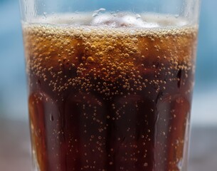 closeup of cola in a glass, soda in a glass with fizz, sugary drink