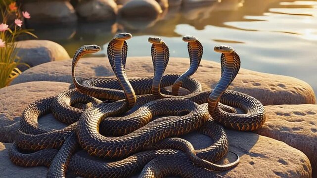 Multiple cobras coiled on rocks near water at sunrise