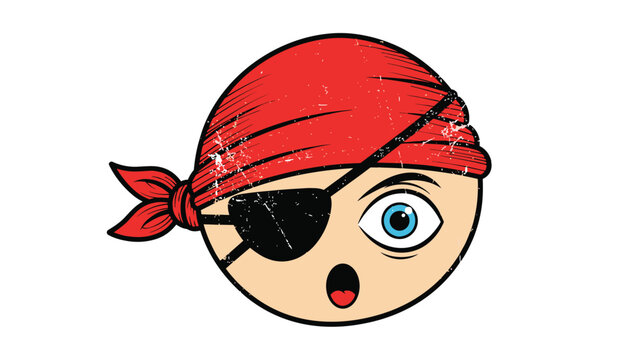 Cute pirate character head with a red bandana and black eye patch looking surprised with his mouth open on white.