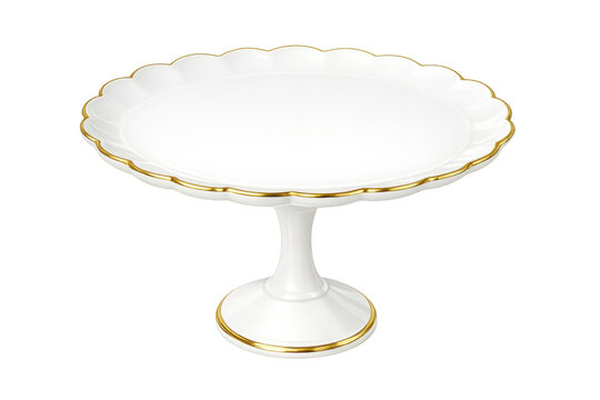 White ceramic dessert cake stand with scalloped edge and golden rim, perfect for bakery display or elegant party serving