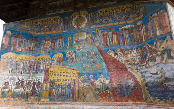 Voroneț Monastery, Romania. Detailed view of the 16th-century "Last Judgment" exterior fresco, a masterpiece of Byzantine art and a UNESCO World Heritage site.