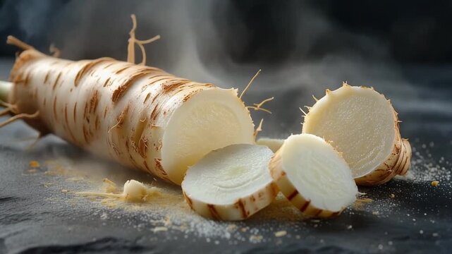 Steamed sliced burdock root on table.