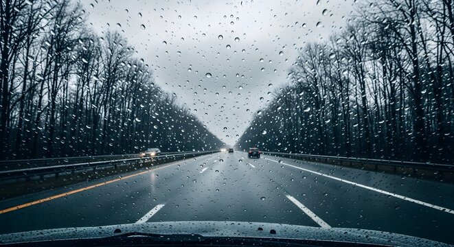 Driving on Wet Road During Rain with Trees on the Sides