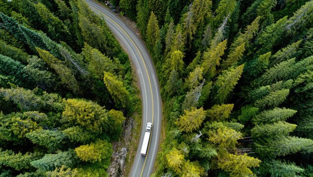 An aerial shot captures a semi-truck traversing a winding road, enveloped by a vast expanse of lush, evergreen forest