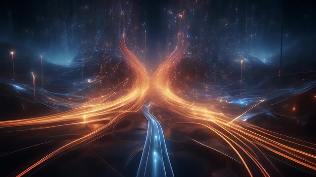 A celestial landscape with glowing paths of energy converging from the sky. The scenery incorporates an ethereal blend of orange, blue, and black