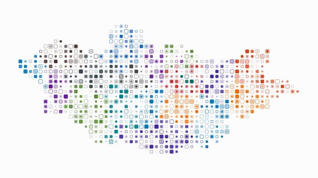 Mongolia animated country shape. Pulsating colored dots on the map of the country. Small size rounded square blocks. Digital style Mongolia map on white background. Simple animation video.