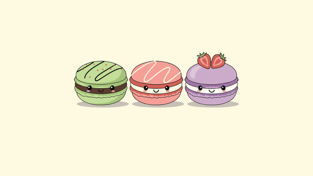 Three adorable cartoon macarons in green, pink, and purple with cute smiling faces and strawberry topping on a light yellow background.