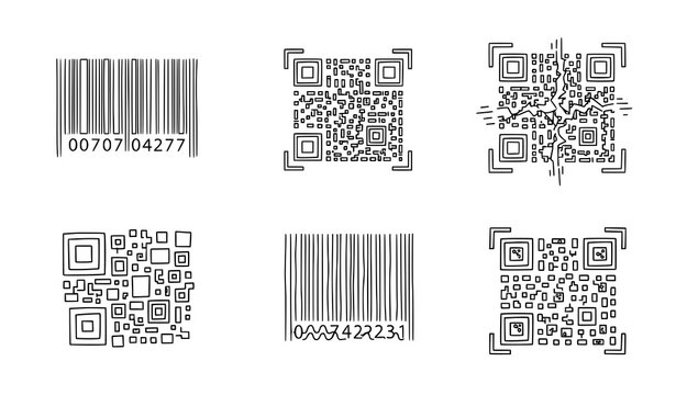 Hand-Drawn Barcode and QR Code Outline Vector Icons