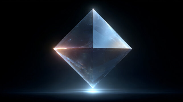 Glowing futuristic pyramid with illuminated apex over dark reflective surface 3d render abstract light